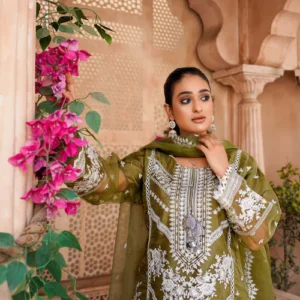 Elegant Olive Green Embroidered Dress